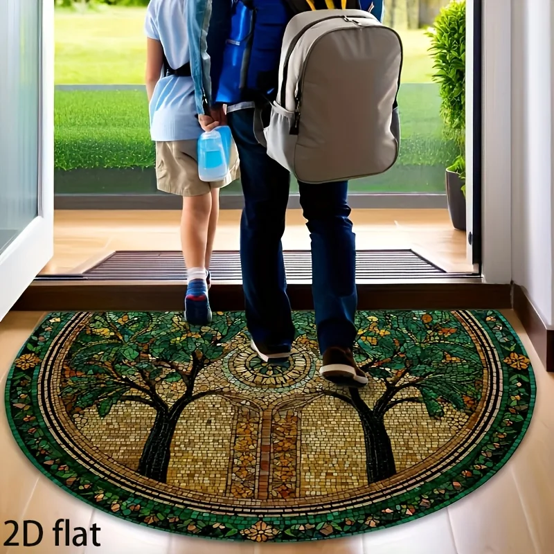 VIKAMA Mosaic Tree Of Life Semi Circle Doormat Retro Art Non Slip Entrance Mat Indoor Front Door Decor Rug