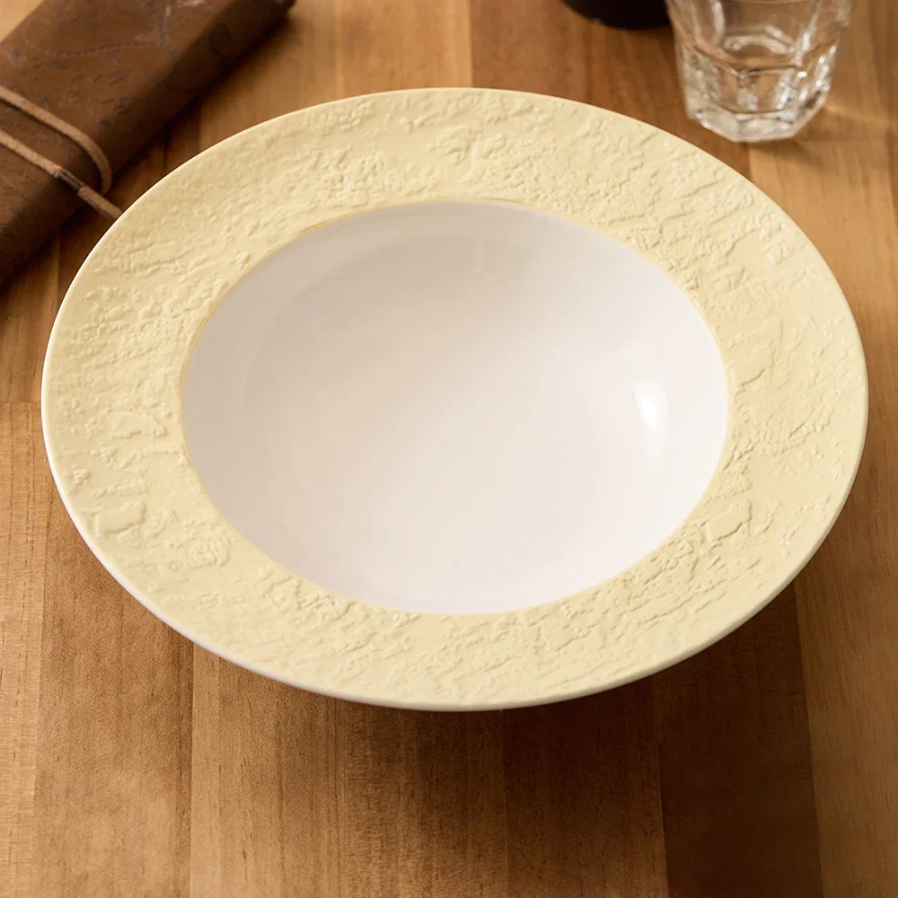 Contrast Color Round Ceramic Plate 3D Texture Hotel Restaurant Household Tableware Afternoon Tea Fruit Salad Deep Plates