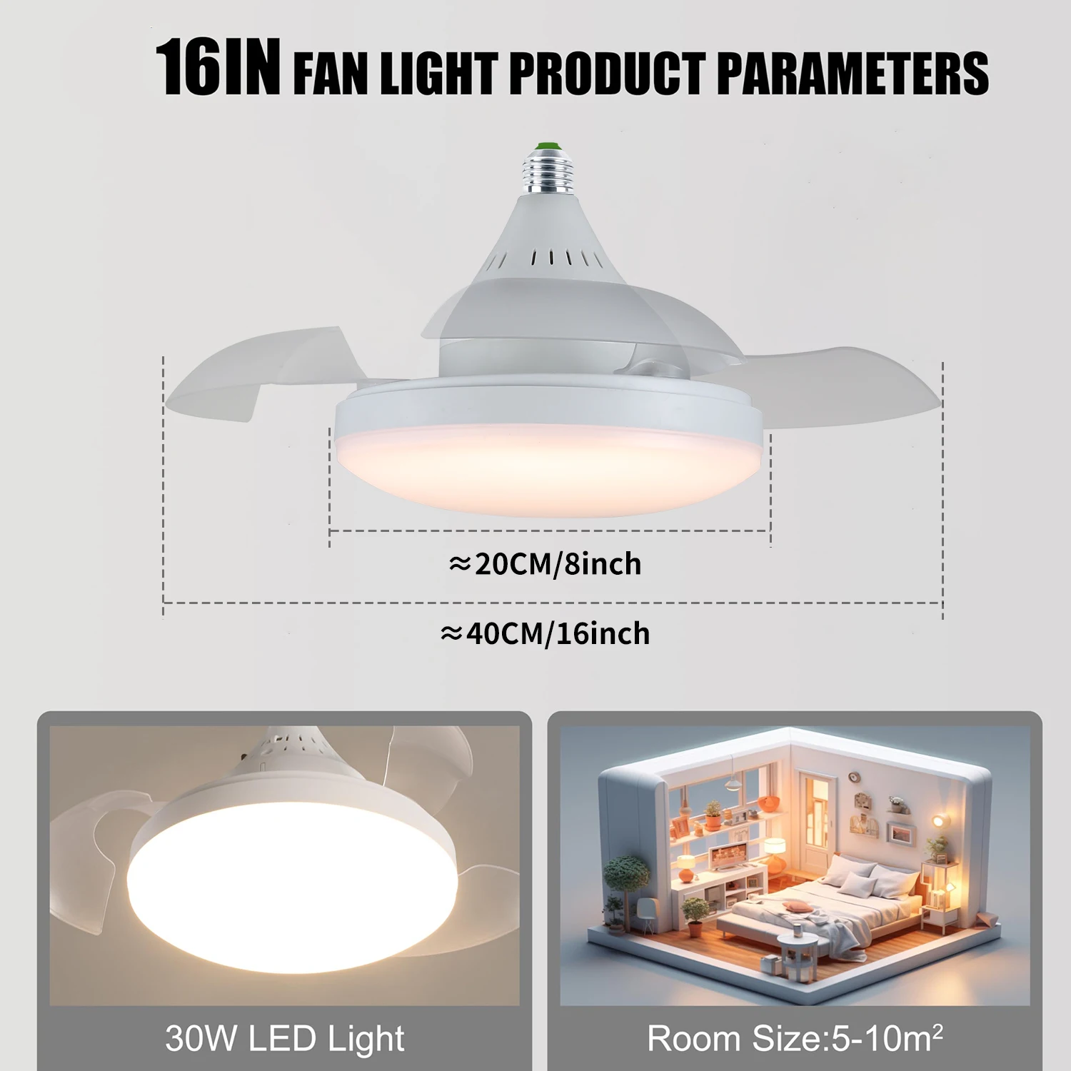Silent Bladeless Ceiling Fan Light with E27 Socket, Remote Dimming, and Three-Colored LED for Living Room and Bedroom
