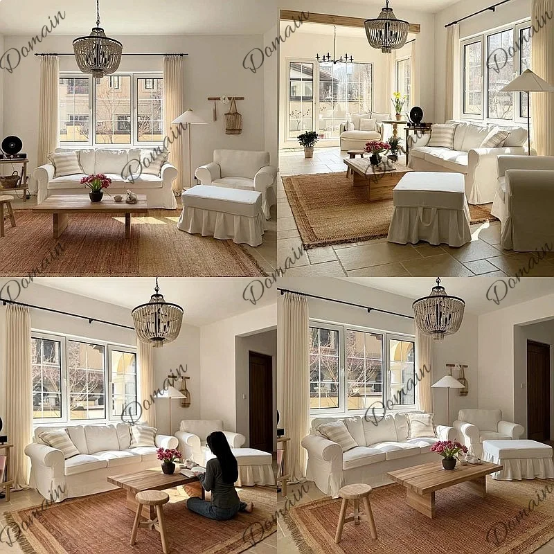 White fabric sofa combination removable and washable straight row French wabi-sabi cotton and linen size arc photography photo