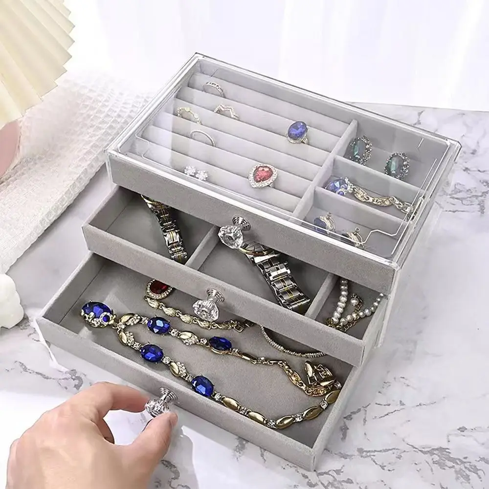 Velvet Jewelry Organizer Multi Compartment 3 Drawers Storage Box Stackable Waterproof Makeup Organizer Earring Ring Lipstick
