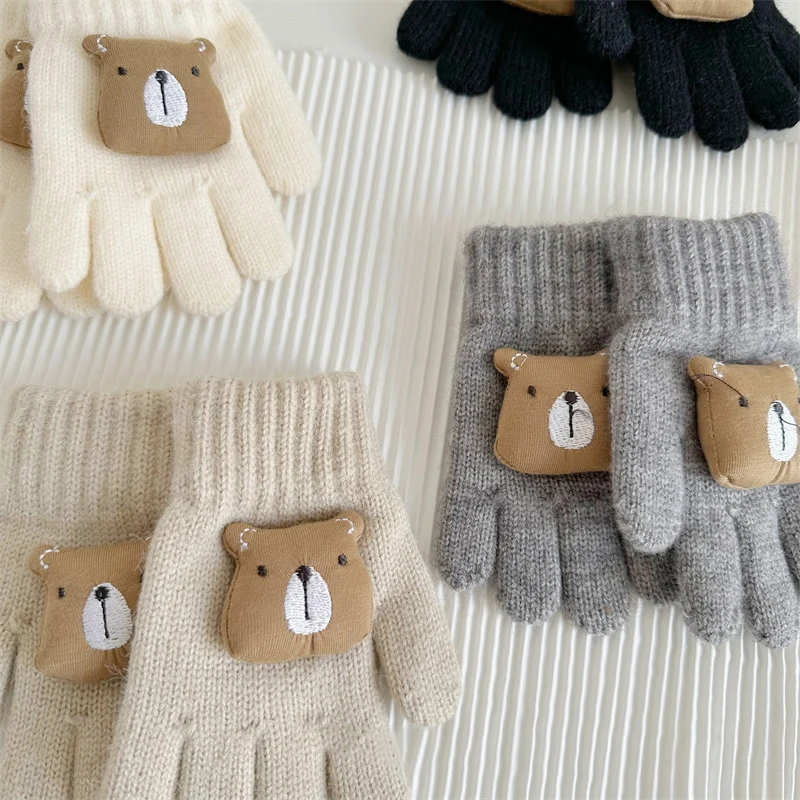 Bear Cute Baby Gloves Winter Warm Thicken Knitted Full Fingers Gloves for Boy Girl Solid Color Cartoon Kids Riding Mittens