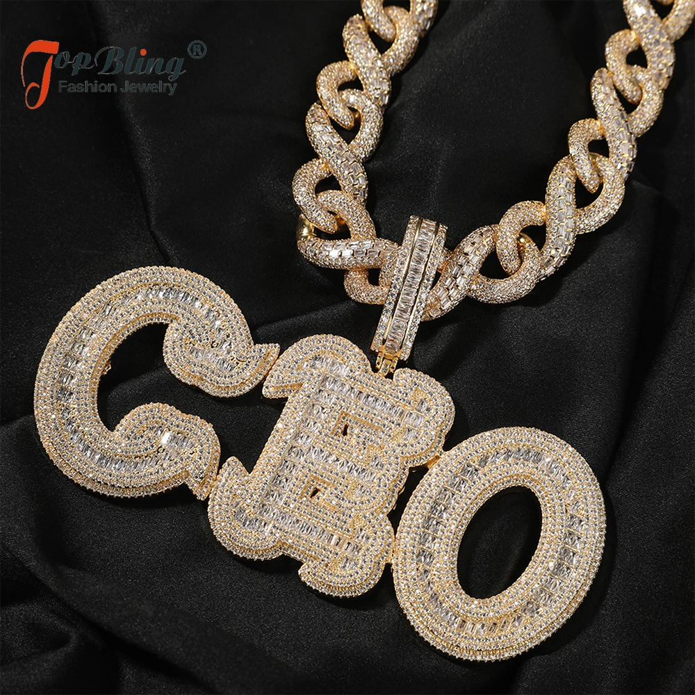 TopBling Customized Upgraded Baguettecz Name Necklaces for Women Iced Out Cubic Zirconia Paved Setting Letters Pendant for Gift