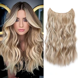 Invisible Wire Hair Extension Wavy Curly Synthetic Hairpiece Long 20Inch Fish Line Hair With 2 Clip-In One Piece For White Woman