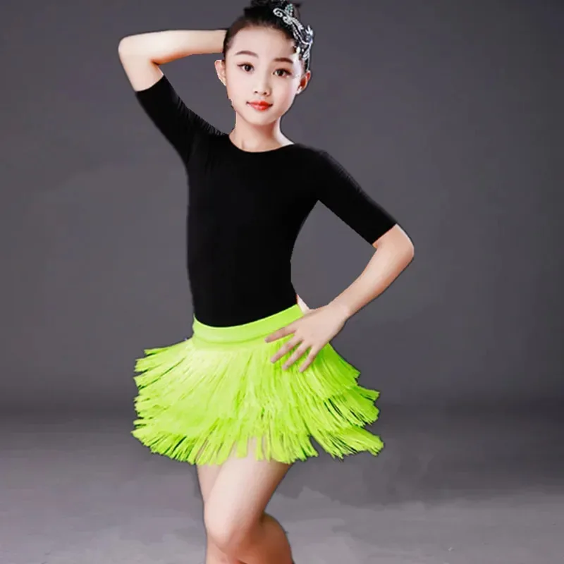

NewKids Latin Dance Tassel Skirt Fringe Short Dress Girls Dancing Practice Clothing Stage Performance Dancewear Costumes Chi WD1