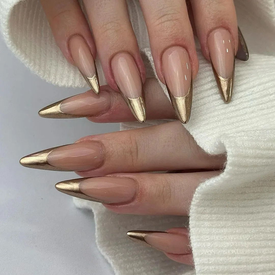 

24pcs Chrome Press on Nails Medium Almond Fake Nails with Glue Metallic French Nail Art Glossy Solid Color False Nails Cat Eye