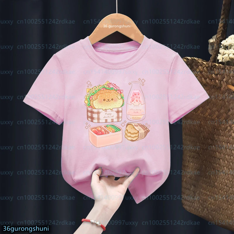 

Kawaii Girls' t-shirt Cute Bear Souffle Apple Plum Capilco Juice Cartoon Print Children's tshirt Fashion Girls Pink O-Neck shirt