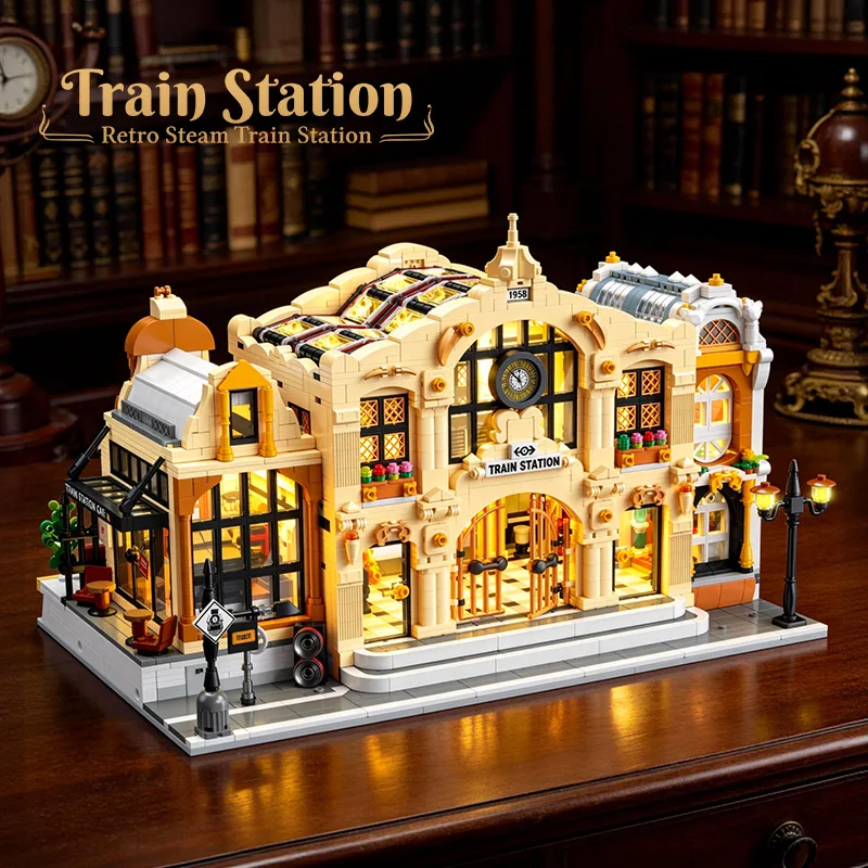 3220pcs Vintage Steam Train Station Street Scene Building Blocks Set High-Difficulty Educational Assembly Children's Model Toy