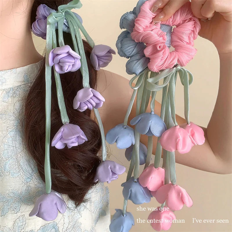 Tight headband with lily of the valley and tulip flowers, adorned with flowing satin ribbons graceful hair accessory for women