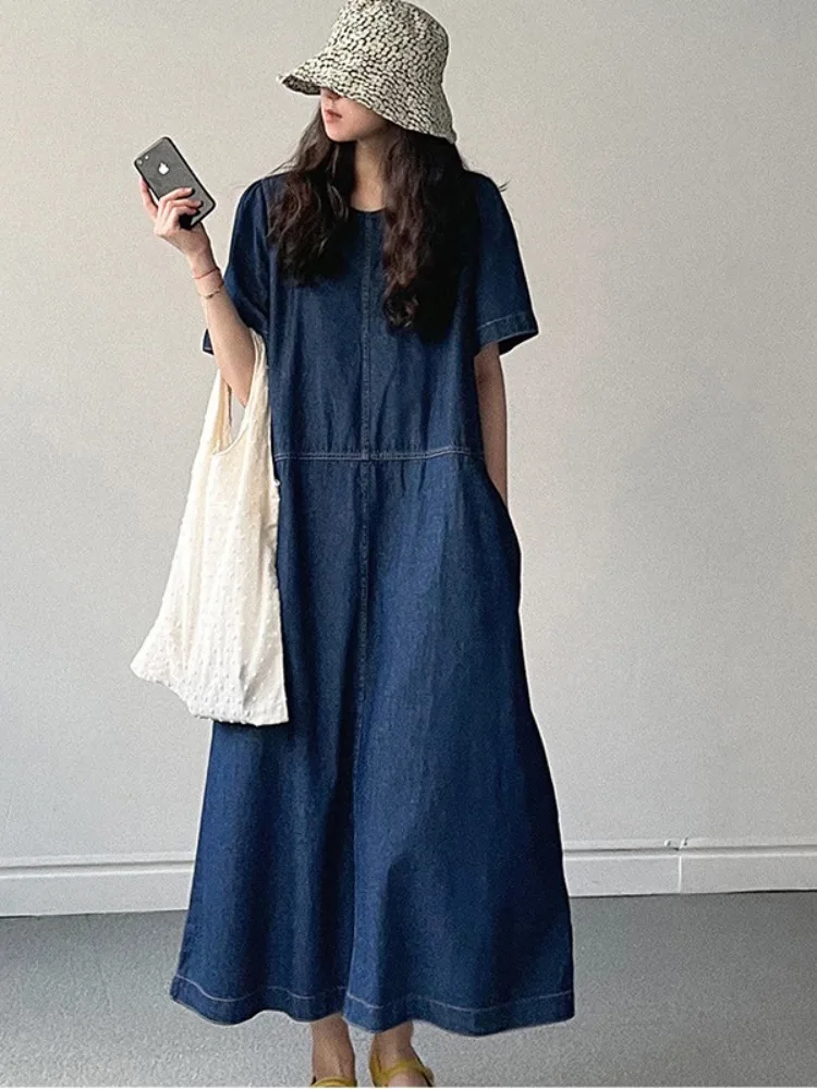 

Chic Summer Vintage round Ne Embroidery Design Loose Casual ort Sve Denim Dr Women's Faionable Commute Pure Color