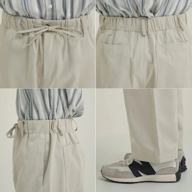 Cotton Beige Pants Men Fashion Drawstring Casual Pants Men Streetwear Korean Loose Straight Pants Mens Trousers M-2XL