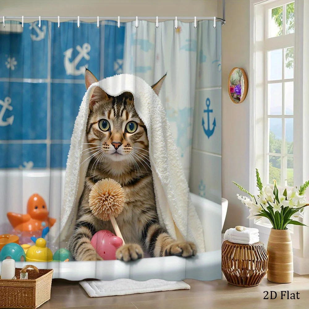 Whimsical Cat in Bathtub Shower Curtain, Polyester, 70x70 Inch with Towel on Head and Scrubber, Includes 12 Hooks - Perfect for