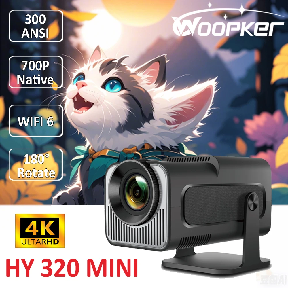 WOOPKER HY320 มินิโปรเจคเตอร์ 4K Native 720P Android 11 300ANSI Wifi6 BT5.0 180 °   โปรเจคเตอร์แบบพกพาหมุนได้สําหรับบ้านกลางแจ้ง