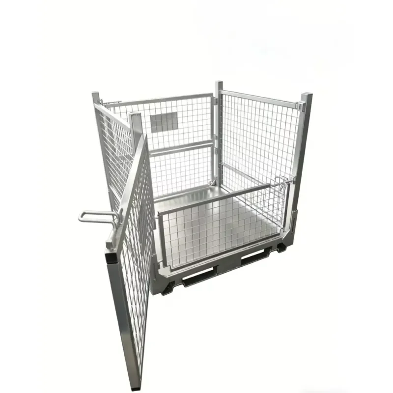 Foldable stackable wire mesh container, heavy duty galvanized steel pallet cage with door for warehouse storage