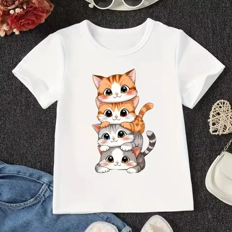 

2025 Pure Cotton Top Cute Cat Graphic Kids Tshirts Summer Short Sleeve Tees Cartoon Animal Boys Girls Clothes Y2K T-shirt