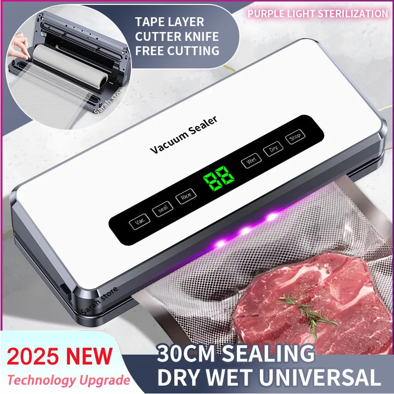 2025 НОВЫЙ электрический вакуумный упаковщик для пищевых продуктов, герметичная упаковка для сухих/влажных продуктов, встроенный резак, рулонный пакет, кухонное устройство для хранения продуктов, вакуумная упаковка