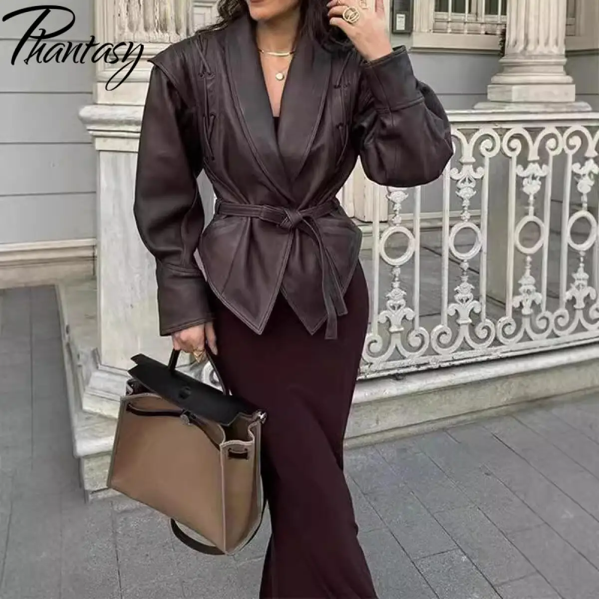 

Phantasy Fashion Vintage Brown Leather Jacket Long Sleeved High-Quality Women's Short Jacket 2025 Autumn Casual Loose Coat