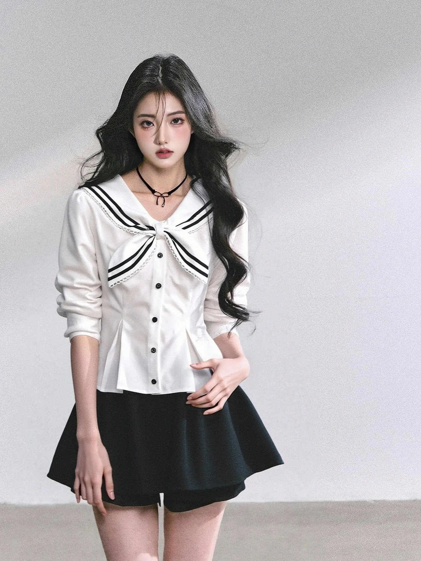 

Korean Design Sense Lace Splicing Navy Collar White irt Waist Cinching Slimming Pure Desire Top Women's Faion irt