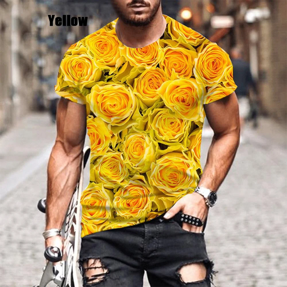 

New Fashion Hot Sale 3D Flower Rose T Shirt Funny Printing Short Sleeve Round Neck Men's Tops Clothing