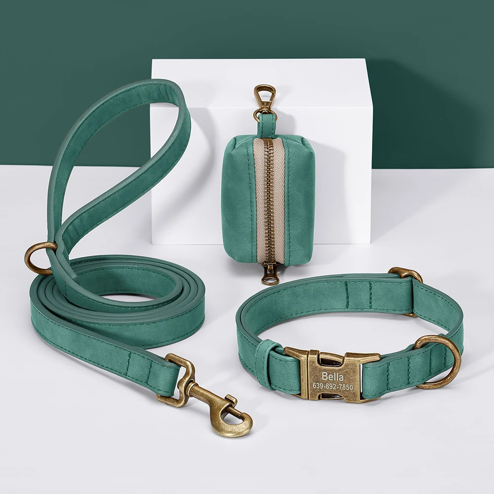 Benutzerdefinierte Hundehalsband Leine Tasche Set personalisierte PU Leder Hundehalsbänder Vintage Haustier Schnalle Halskette mit Bleikot Tasche für Hunde Mops – Detail 17