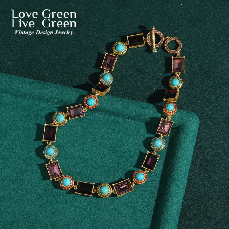 

Vintage Cubic Zirconia Purple Chain Necklace Square Turquoise Charms Antique Gold Color Luxury Designer Mothers Day Gift 2025