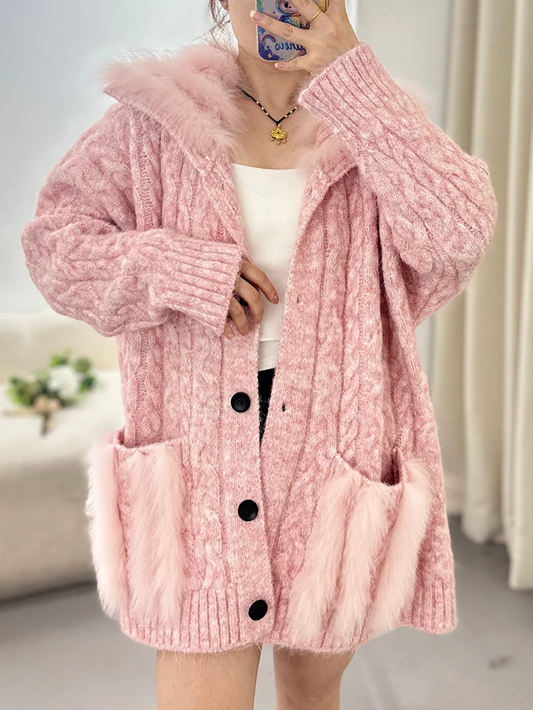 Nuovo autunno inverno abbigliamento lavorato a maglia donna sciolto vera pelliccia di volpe giacca moda maglieria cardigan oversize maglione femminile