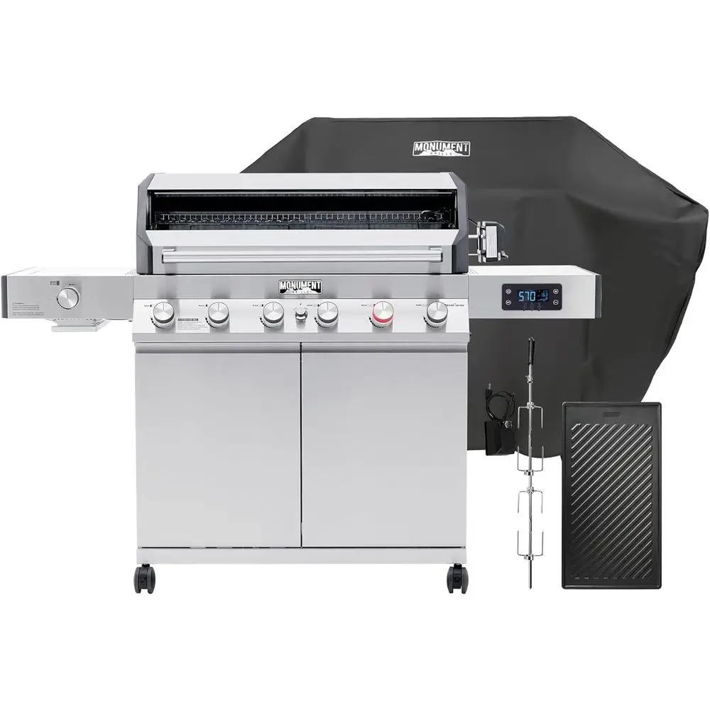 Intelligenter Propangasgrill, 78.000 BTU Edelstahlgrill mit Seitenbrenner, Drehspieß-Set und Abdeckung