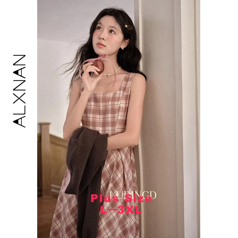 

ALXNAN Plus Size Plaid Sleeveless Women's Dress Elegant Square Neck Long Dress 2026 Fashion French Female Clothing D12830