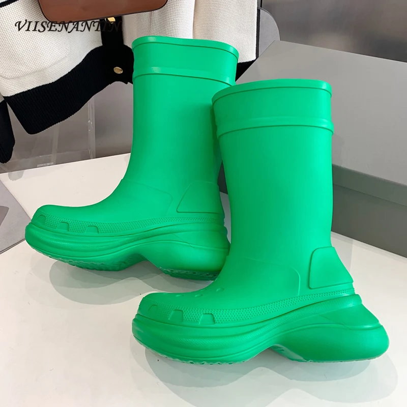 Unisex Thick Bottom Knee High Boots Rubber Waterproof Round Toe Platform Flat Slip on Long Rain Boots Jelly Color Par Shoes