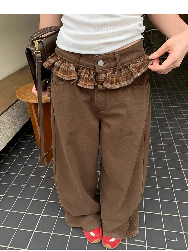 

Women's Grid Lace Splicing Design Brown Trousers Young Girl Street Bottoms Female High Waisted Vintage Wide-leg Pants