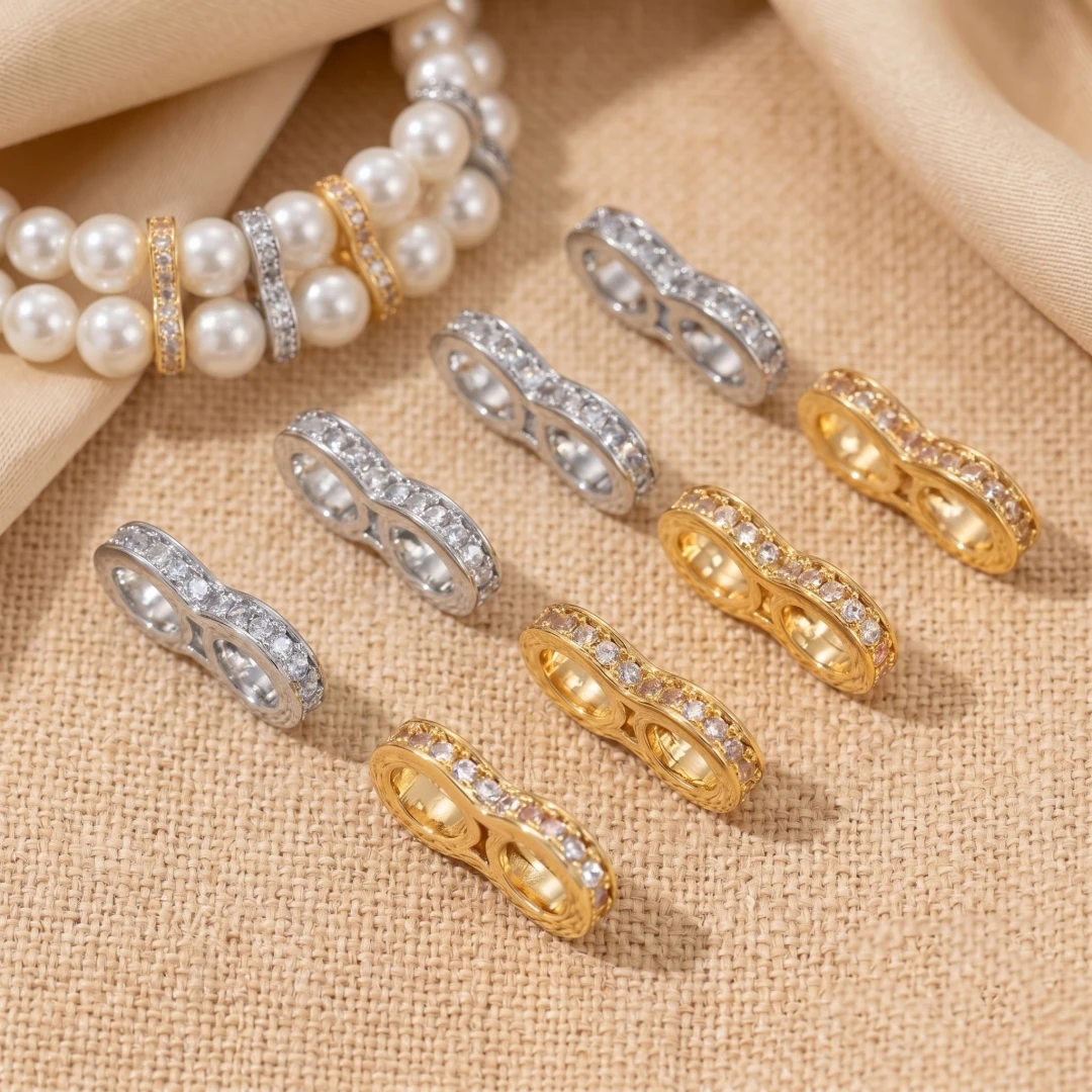 2 piezas de conectores de cuentas espaciadoras de latón chapado en oro de 18K con micro pavé de diamantes de imitación para la fabricación de joyas DIY, collares de perlas y pulseras