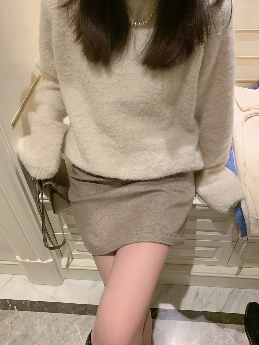 

Утепленный вязаный свитер с длинными рукавами, белый, с круглым вырезом, женский, осенне-зимний, свободный, в стиле Lazy Aosphere Feeling Sol...