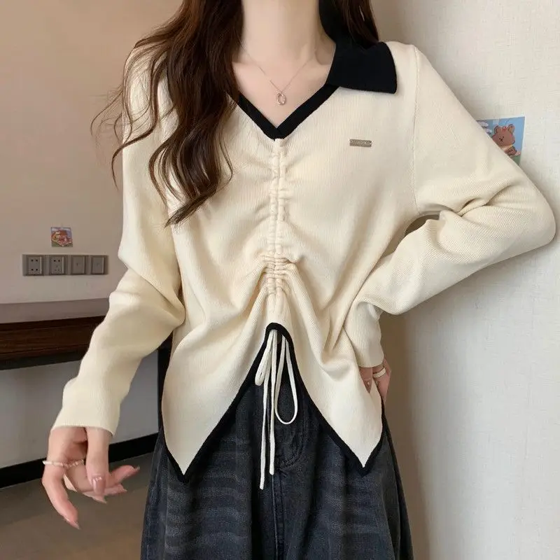 Large Size Women's Spring Fat Mm Design Sense Base Shirt New Look Slimming and Covering Irregular Drawstring Clothes