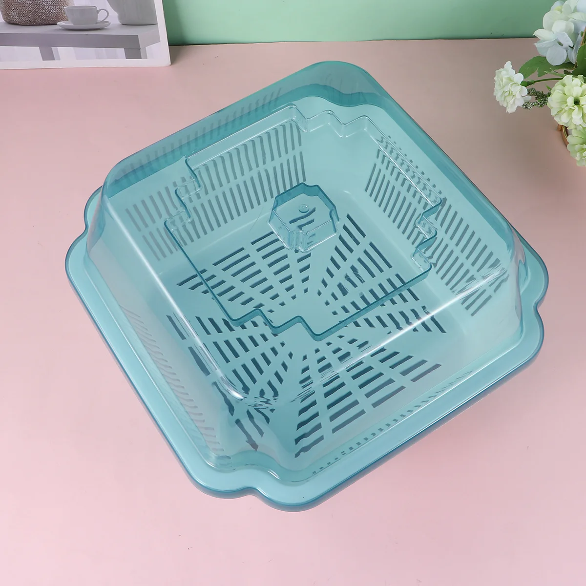 

Cutlery Dish Rack Storage Box Kitchen Shelf Drain Plate Dryer with Cover Foldable Drying Blue Organizer Tray