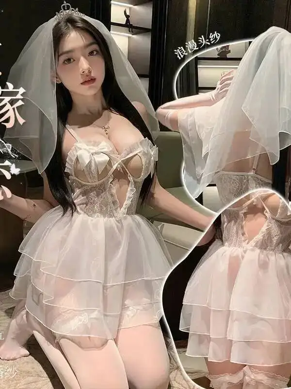 Lingerie sexy Gioco di ruolo Abito da sposa trasparente uniforme in pizzo Abito da sposa sexy allettante elegante Moda donna sexy GGS8