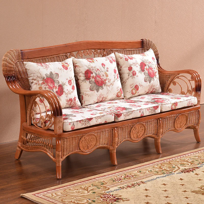 Rattan sofa three-person living room Teng chair natural rattan furniture solid wood long rattan chair