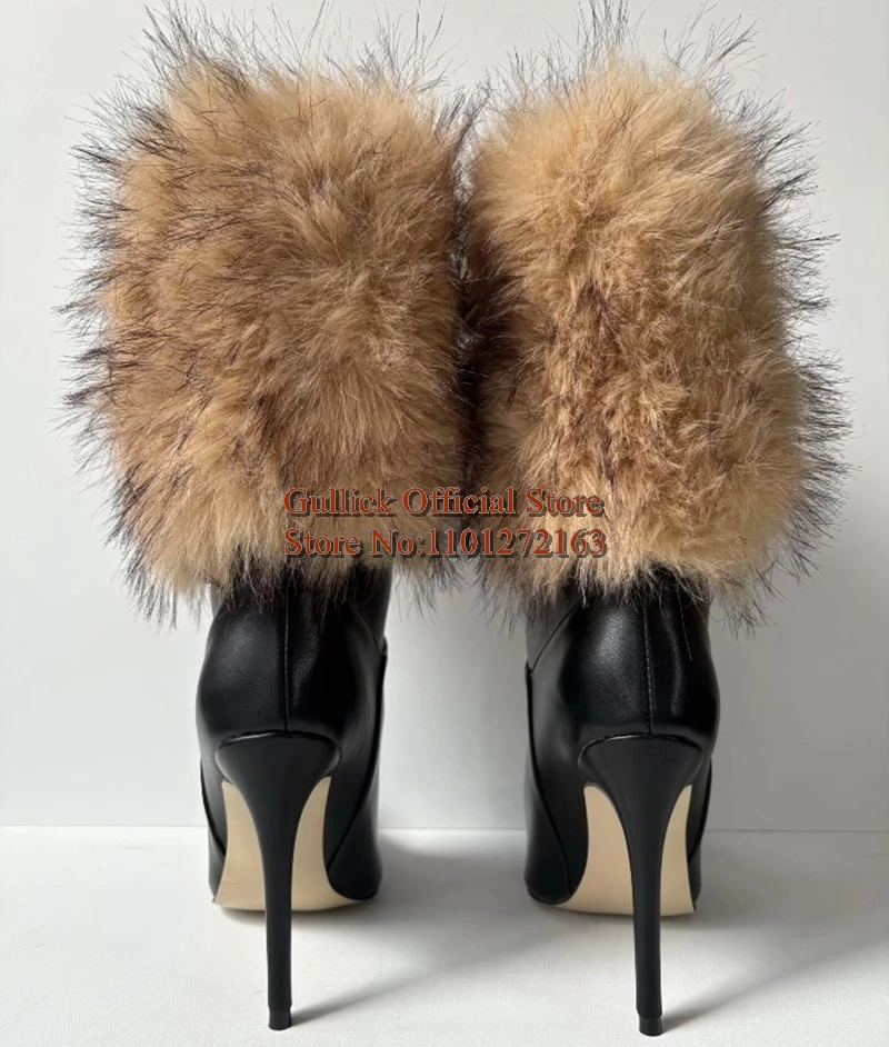أحدث الدافئة الكاحل الفراء أشار تو منتصف العجل الأحذية جلد أسود أعلى جودة الانزلاق على النساء خنجر عالية الكعب الأحذية حجم كبير 47