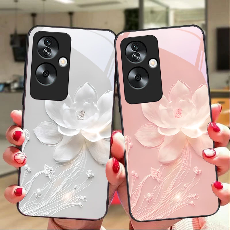 Colorful Chinese Lotus For Oppo A79 5G 58 78 74 60 4G Reno 11F Realme GT 6 11 Note 50 10 C55 X2 Tempered glass black phone case