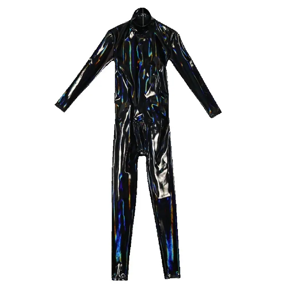 Halloween Costume Man Faux Latex Bodysuit PVC Dazzle Color Shiny Leather Nightclub Cosplay Bottom Crotch Zipper Catsuit Jumpsuit