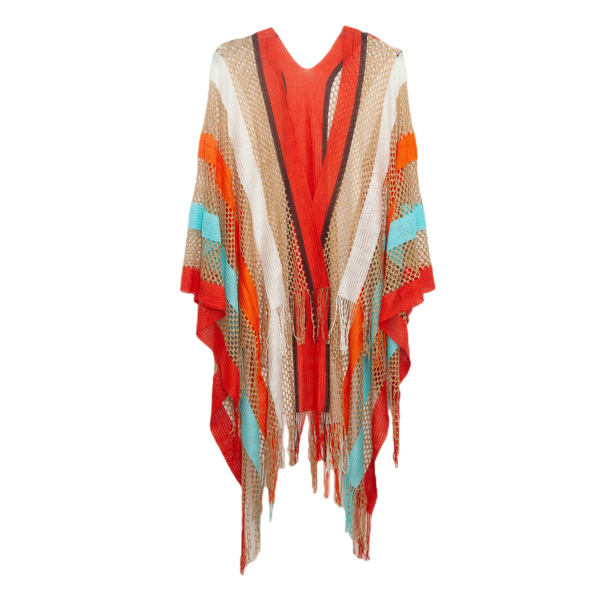 

Cloak Women's Cloaks Tourism Ethnic Style Rainbow Stripes Summer Sunscreen Thin Hollow Shawl Lady Poncho Capes Orange