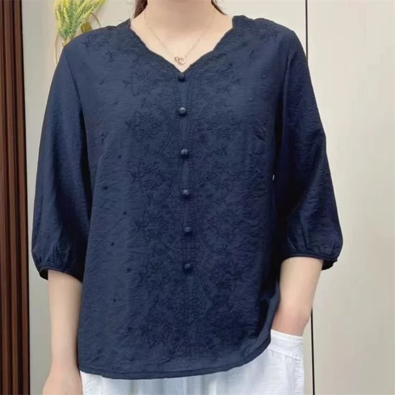 Women\'s Clothing Vintage Ethnic Style Embroidery Elegant Blouses Summer V Neck Half Sleeve Loose Shirts Ladies Cotton Linen Tops