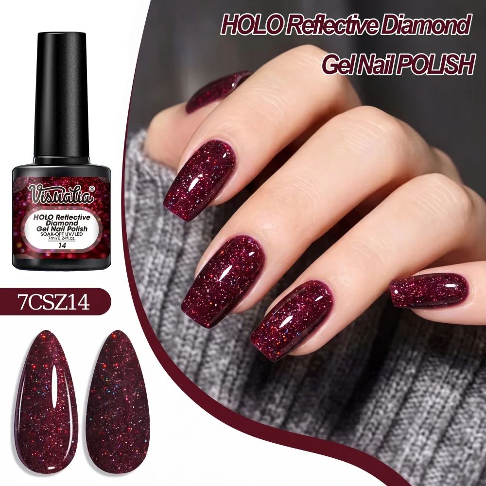 Visuatia Iridescent Diamond Nail Gel Polish in deep wine red with holographic reflective shine and rich texture. The color tone is sophisticated and elegant, creating a refined and exquisite nail style suitable for var