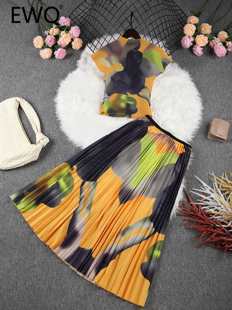 

EWQ Casual Print Pleated 2 Piece Set Women Contrast Color Short Sleeves Tops A-line Skirts 2024 Summer New Clothing 32C915