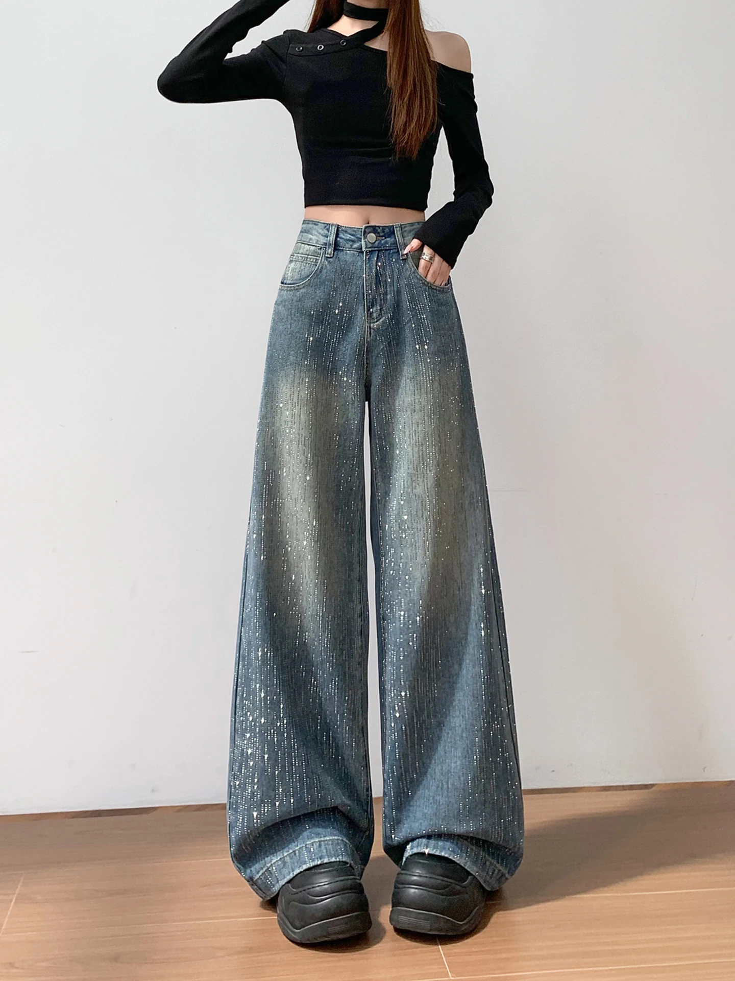 

Джинсы женские с высокой талией, широкие, прямые, весна-осень, новые, свободные, стройнящие, маленький размер, с блестками