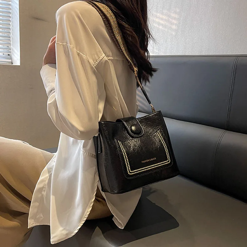 Vintage Simple PU Leather Bucket Crossbody Bags for Women Luxury Designer Handbagt Lady Black Shoulder Bag