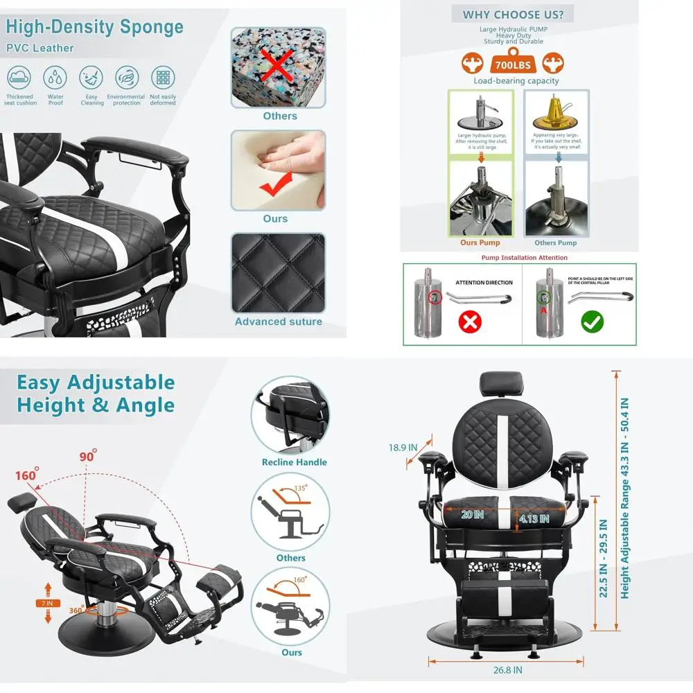 

Stylist's Heavy-Duty 700 lbs Barber Chair for Hair, Beauty, Tattoo, and Massage (Black & White)