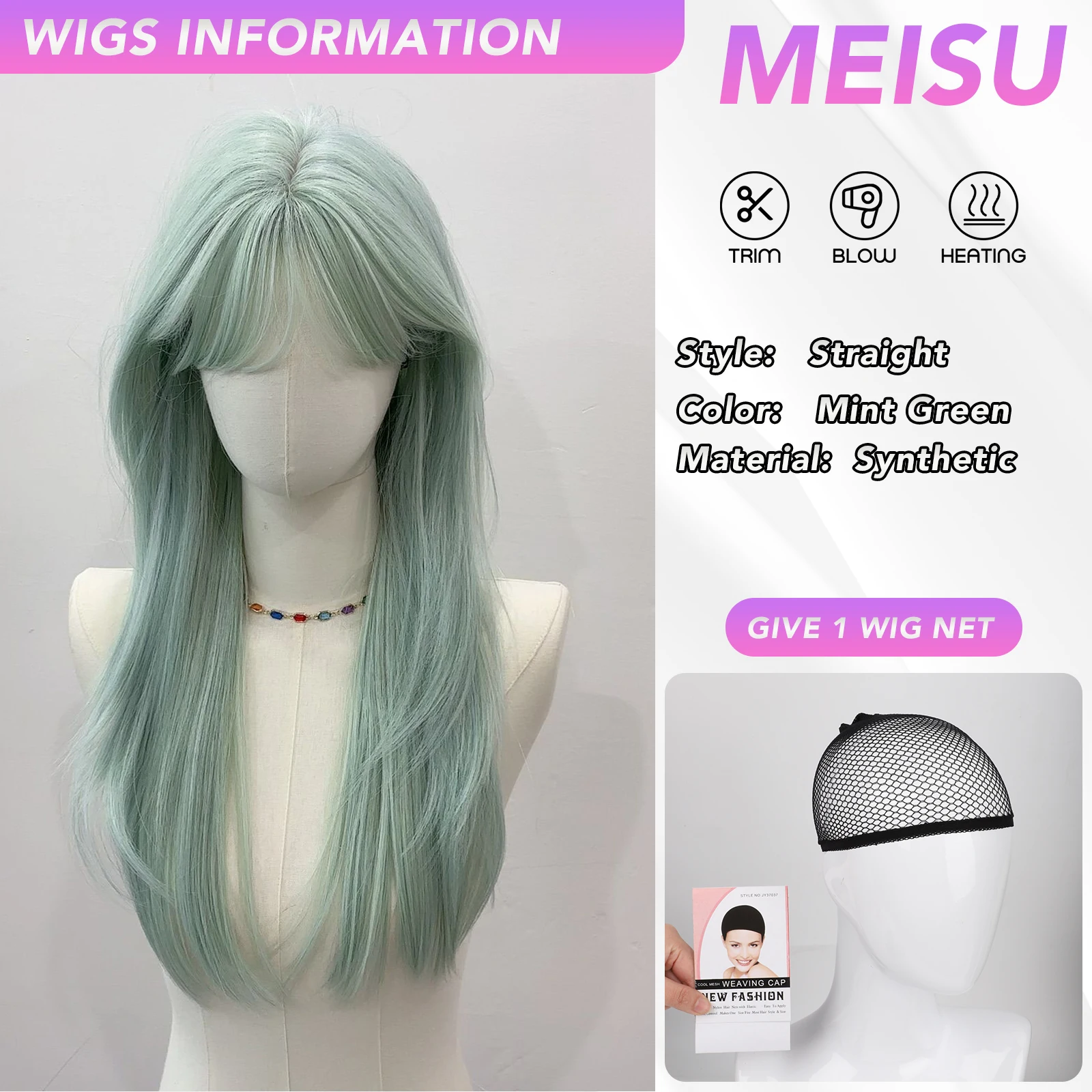 MEISU 24 Inch Long Straight Synthetic Wig Layered Mint Green Heat-Resistant Natural Smooth Hair Stylish Party For Women