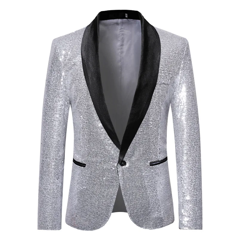 

Mens Silver Sequin Suit Blazer Shiny One Button Slim Fit Shawl Laple Tuxedo Blazer for Party Wedding Stage Prom Mens Costume