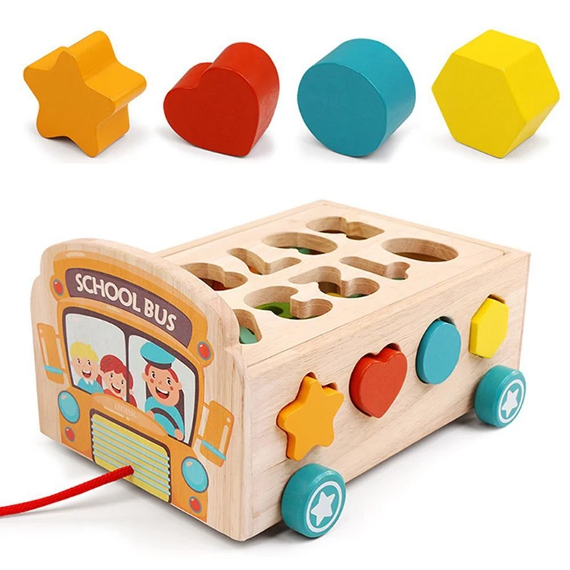 Kids Wooden Drag Car Toys Geometric Shape Building Blocks Matching Toys Assembly School Bus Early Education Puzzle Toys