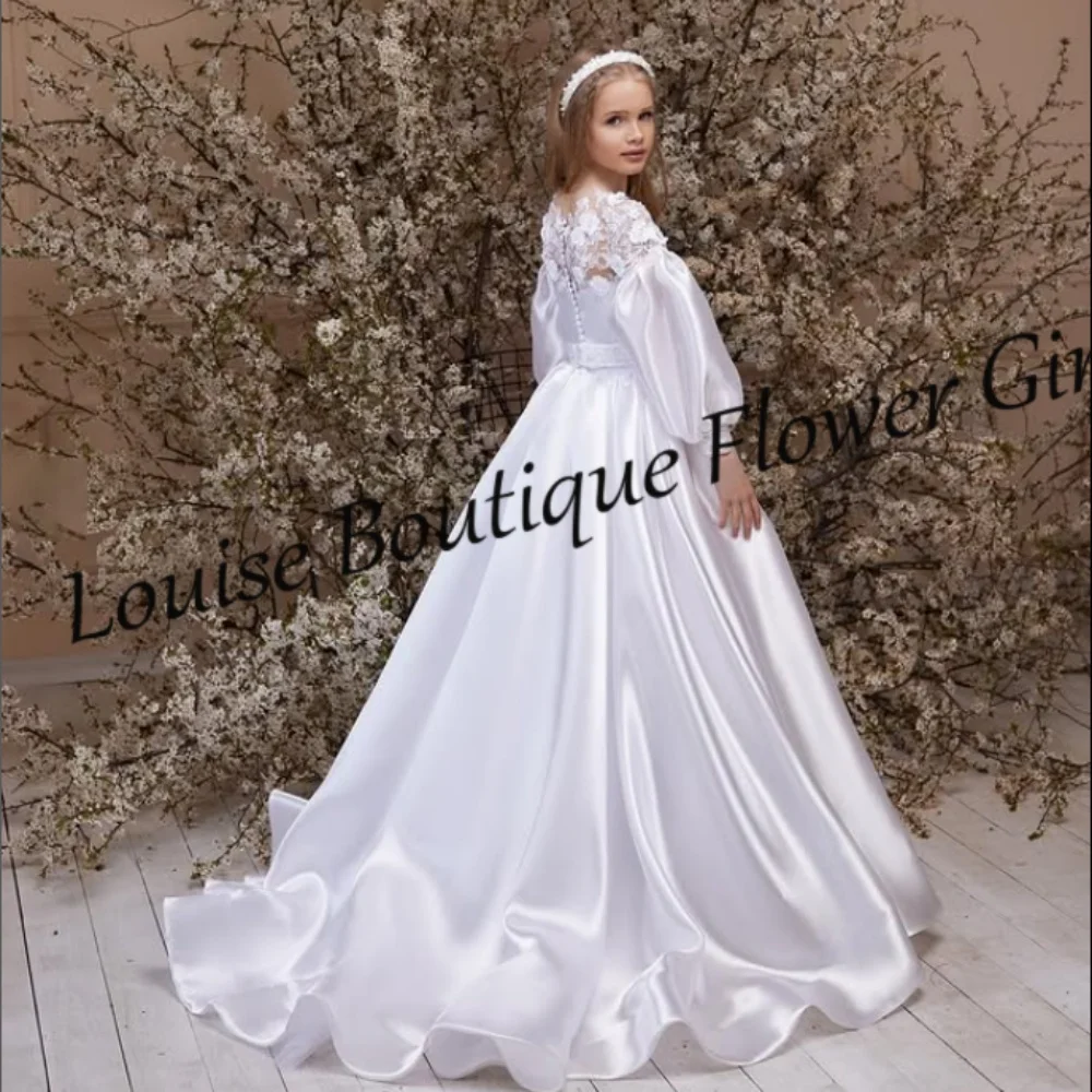 Gaun Gadis Bunga Putih Putri Gaun Celah Samping Lengan Panjang Applique Renda A-Line Gaun Pesta Ulang Tahun Komuni Pertama Disesuaikan